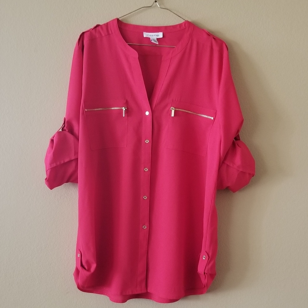 Calvin Klein Red Long-sleeve Button Down Blouse XL